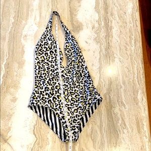 Animal print cheetah reversible stripe one piece